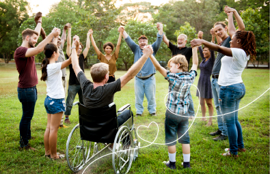 Comunidad diversa unida en un círculo al aire libre, simbolizando la solidaridad y el apoyo financiero que ofrecen los fondos especiales de FEPEP a sus afiliados.